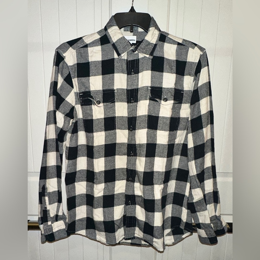 Sonoma brand flannel button down. Black and cream plaid.